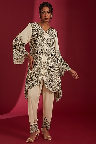 Ivory & Black Georgette Embroidered Kurta Set by Label Radini