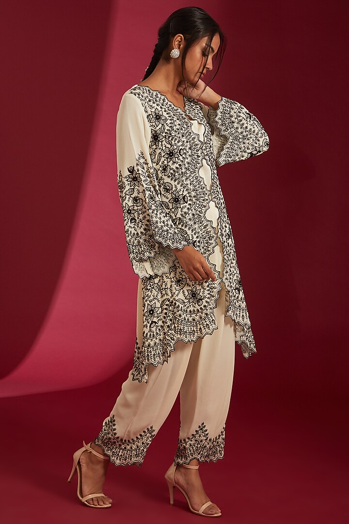 Ivory & Black Georgette Embroidered Kurta Set by Label Radini at Pernia's Pop Up Shop