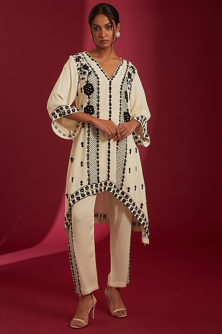 Ivory & Black Double Georgette Embroidered Kurta Set by Label Radini