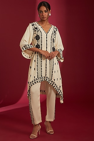 Ivory & Black Double Georgette Embroidered Kurta Set by Label Radini