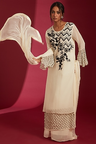 Ivory & Black Georgette Embroidered Kurta Set by Label Radini