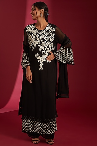 Black & Ivory Georgette Embroidered Kurta Set by Label Radini