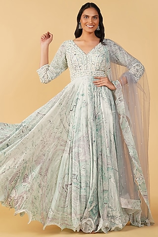 Aqua Georgette Hand Printed & Embroidered Anarkali Set by Label Radini