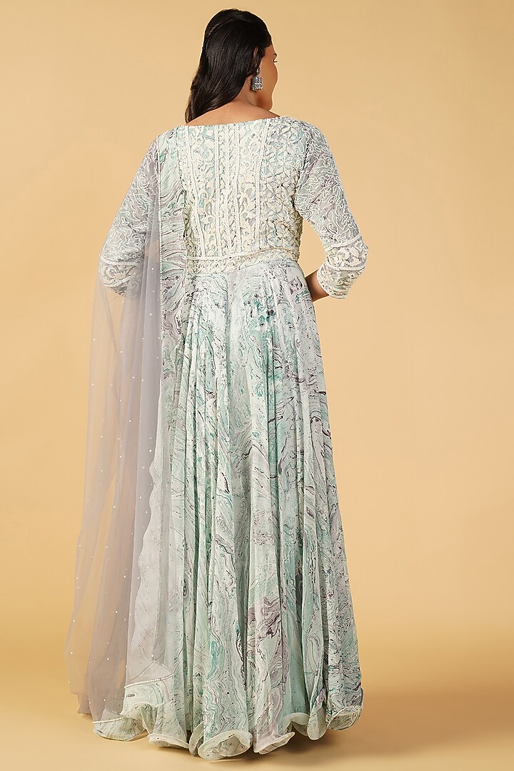 Aqua Georgette Hand Printed & Embroidered Wedding Anarkali Set by Label Radini at Pernia's Pop Up Shop