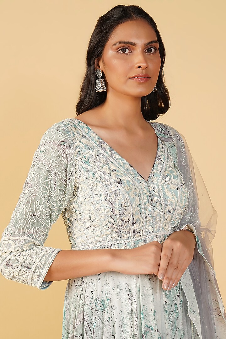 Aqua Georgette Hand Printed & Embroidered Wedding Anarkali Set by Label Radini at Pernia's Pop Up Shop