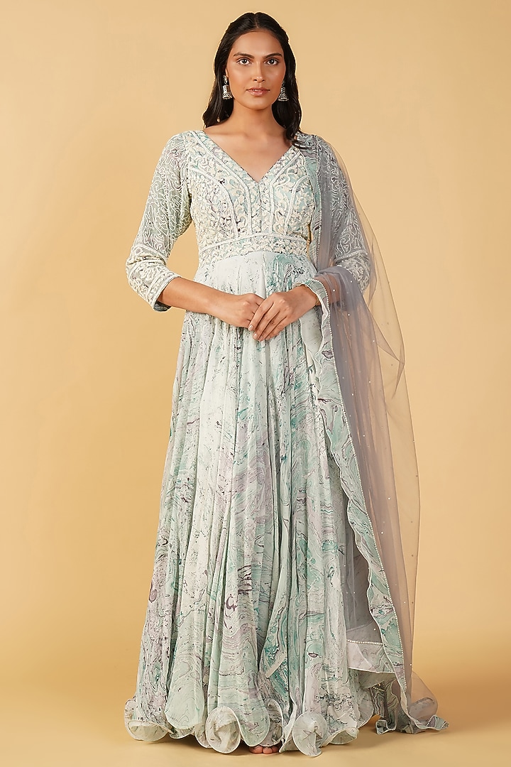 Aqua Georgette Hand Printed & Embroidered Wedding Anarkali Set by Label Radini at Pernia's Pop Up Shop