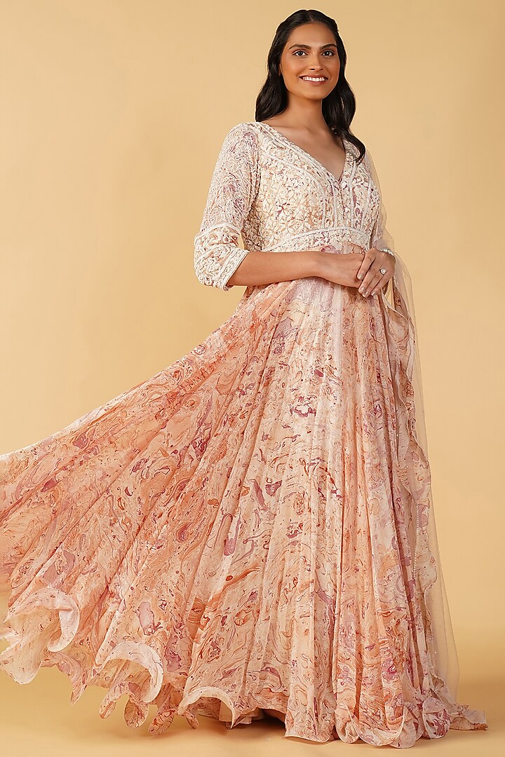 Peach Georgette Hand Printed & Embroidered Anarkali Set by Label Radini