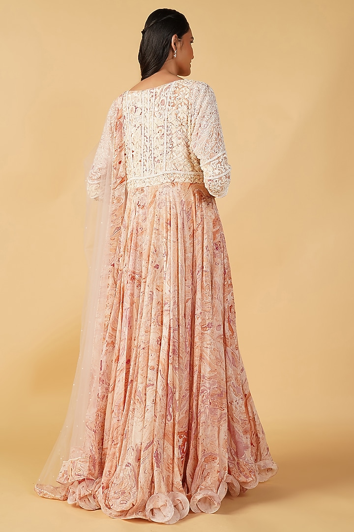 Peach Georgette Hand Printed & Embroidered Wedding Anarkali Set by Label Radini at Pernia's Pop Up Shop