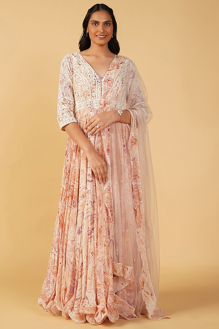 Peach Georgette Hand Printed & Embroidered Wedding Anarkali Set by Label Radini at Pernia's Pop Up Shop