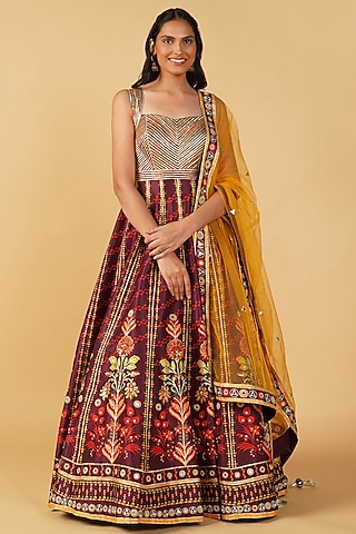 Wine Raw Silk Hand Printed & Embroidered Anarkali Set by Label Radini