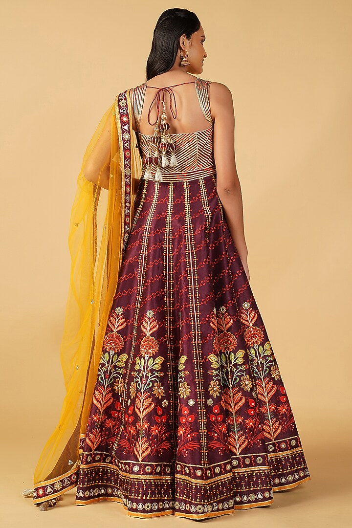 Wine Raw Silk Hand Printed & Embroidered Wedding Anarkali Set by Label Radini at Pernia's Pop Up Shop