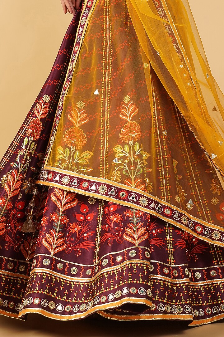 Wine Raw Silk Hand Printed & Embroidered Wedding Anarkali Set by Label Radini at Pernia's Pop Up Shop