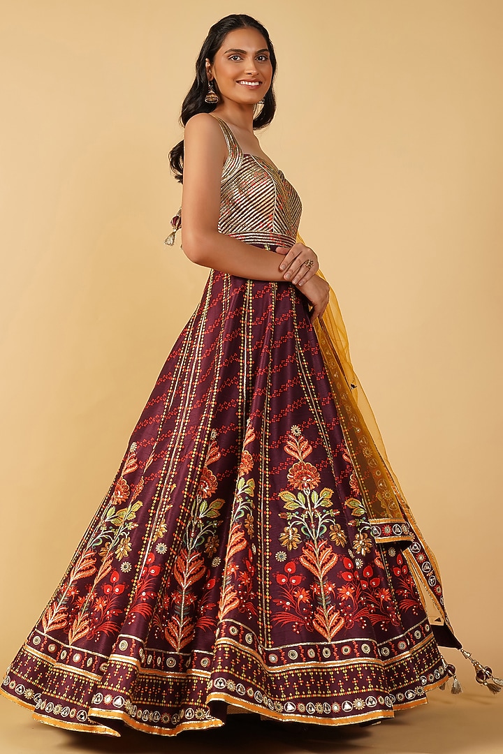 Wine Raw Silk Hand Printed & Embroidered Wedding Anarkali Set by Label Radini at Pernia's Pop Up Shop