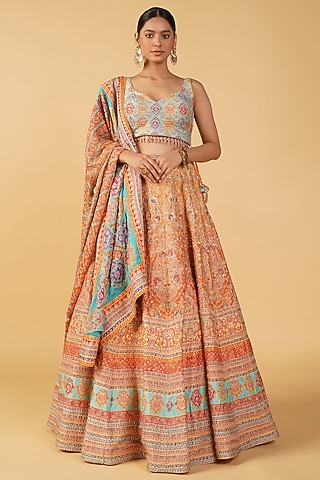 Orange Crepe Printed & Embroidered Lehenga Set by Label Radini