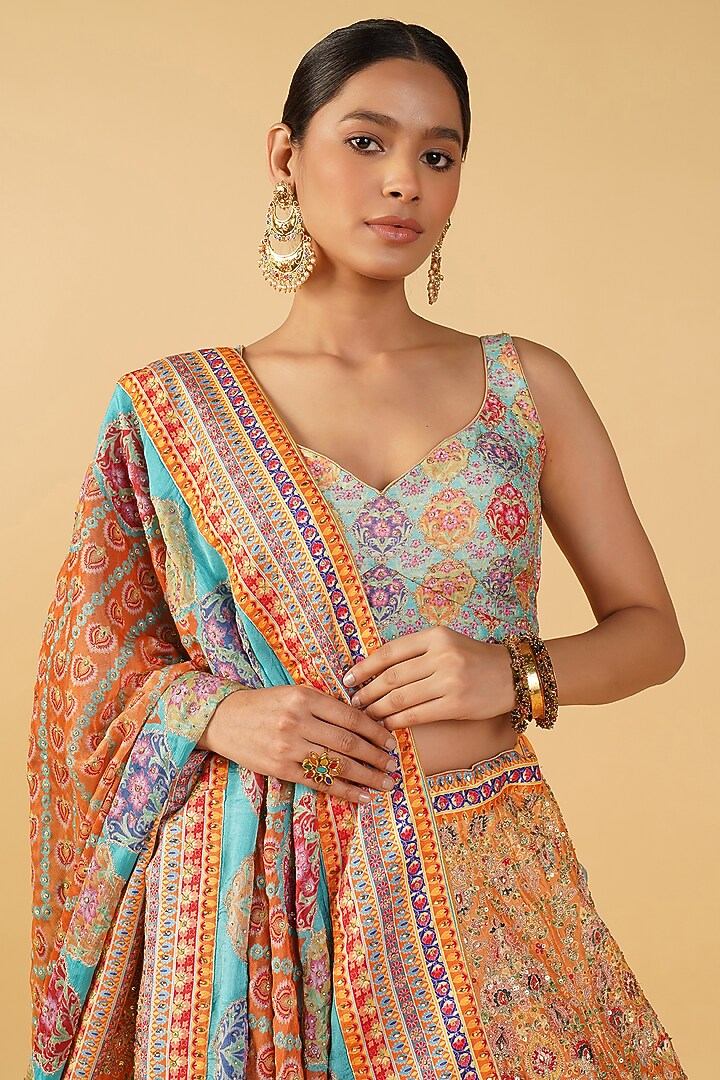 Orange Crepe Printed & Embroidered Wedding Lehenga Set by Label Radini at Pernia's Pop Up Shop