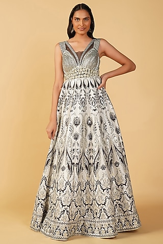Black Silk Printed & Embroidered Anarkali by Label Radini
