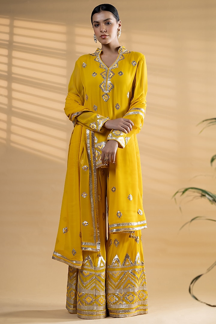Yellow Georgette Gota Embroidered Sharara Set by Label Radini
