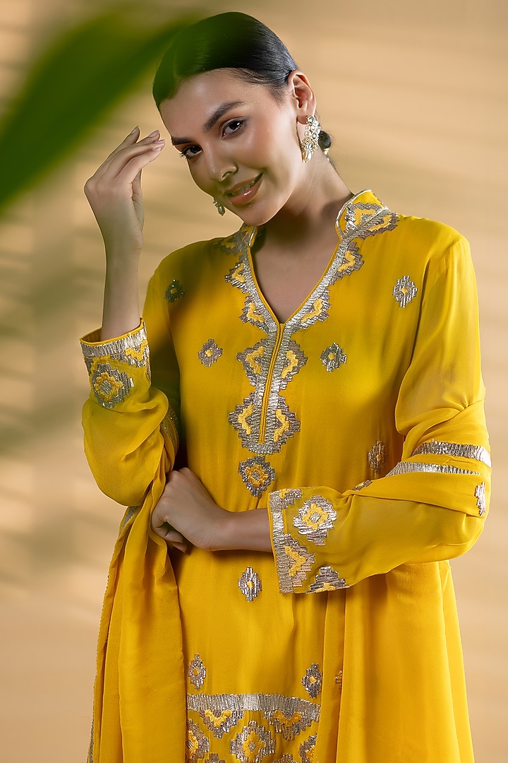 Yellow Georgette Gota Embroidered Wedding Sharara Set by Label Radini at Pernia's Pop Up Shop