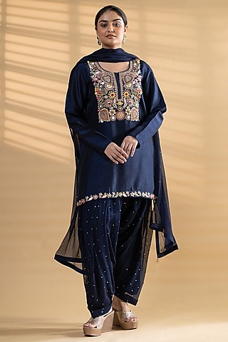 Navy Blue Dupion Silk Anchor Thread Embroidered Kurta Set by Label Radini