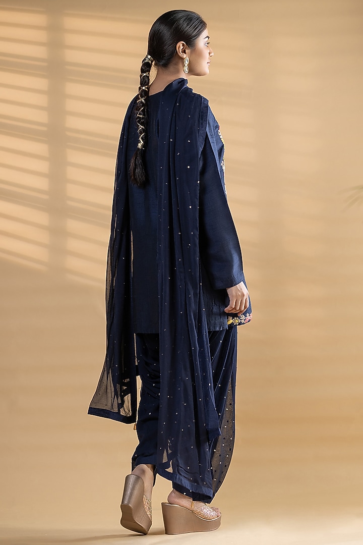 Navy Blue Dupion Silk Anchor Thread Embroidered Kurta Set by Label Radini at Pernia's Pop Up Shop