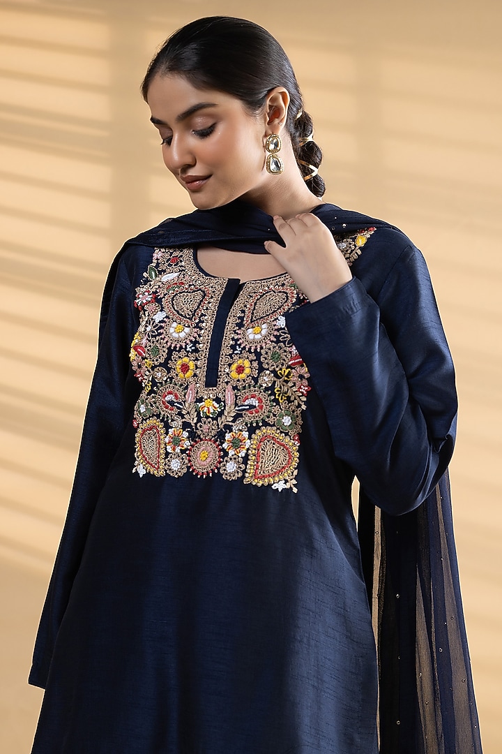Navy Blue Dupion Silk Anchor Thread Embroidered Kurta Set by Label Radini at Pernia's Pop Up Shop