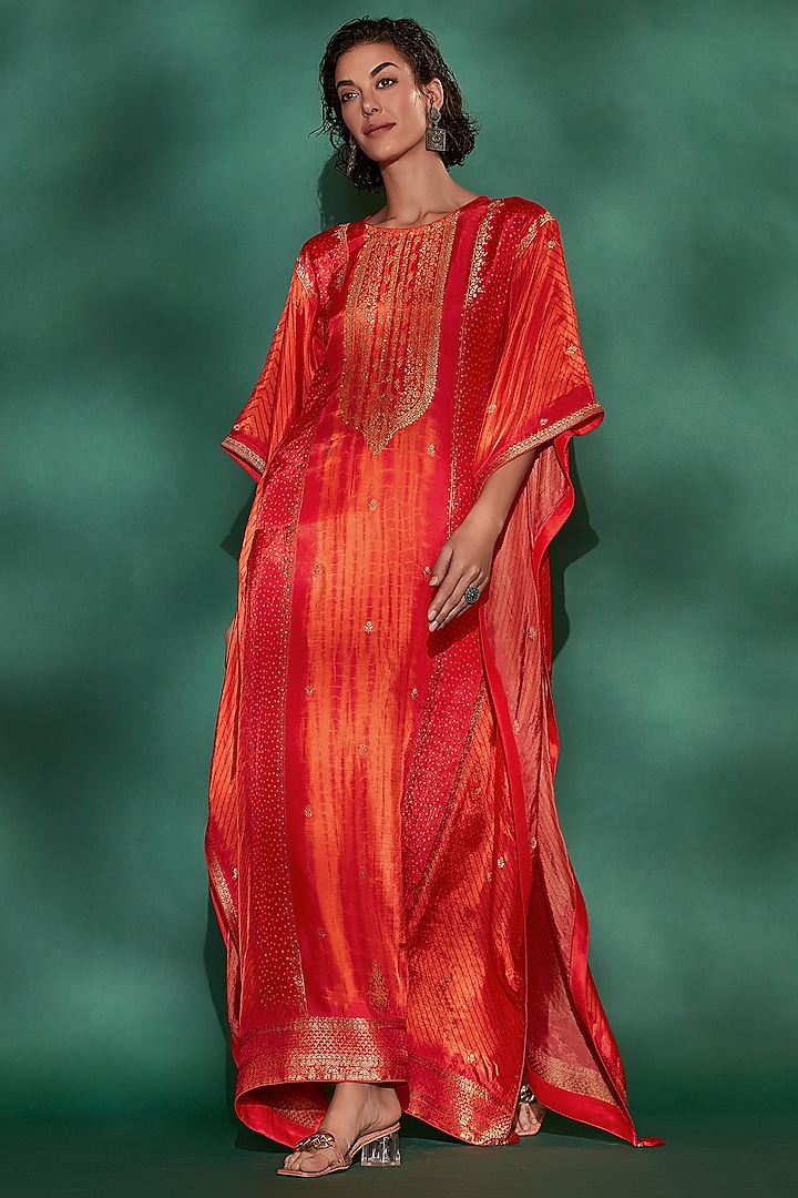 Orange & Fuchsia Viscose Woven Printed Kaftan Set by Label Varsha