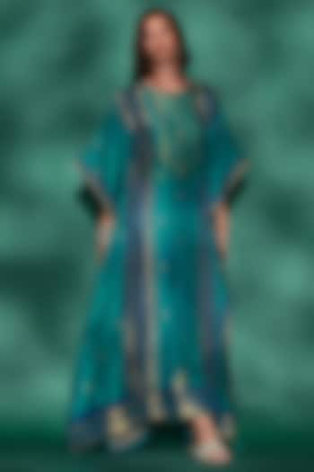 Teal & Indigo Viscose Woven Printed Kaftan Set by Label Varsha at Pernia's Pop Up Shop