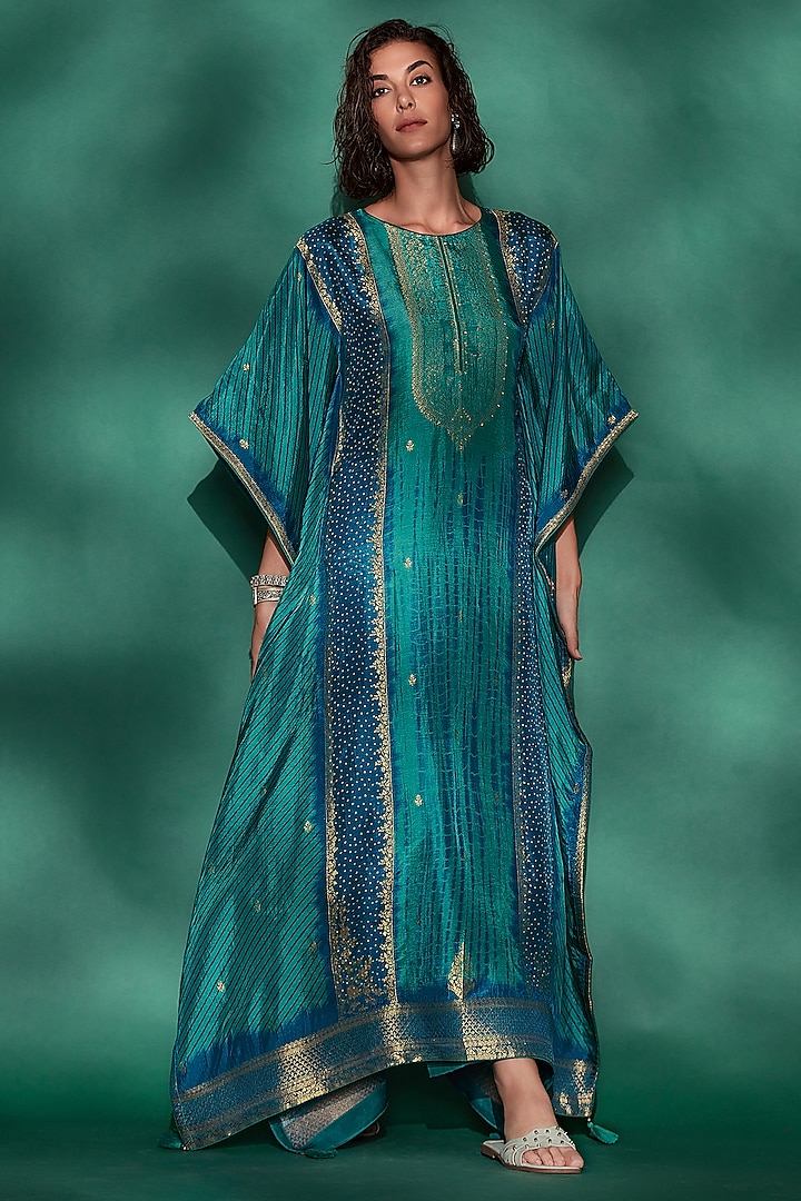 Teal & Indigo Viscose Woven Printed Kaftan Set by Label Varsha at Pernia's Pop Up Shop