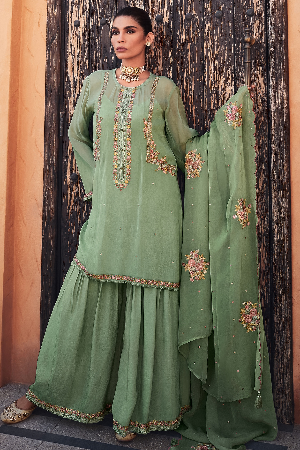 Mehendi Green Floral Embroidered Georgette Semi Stitched Sharara Suit