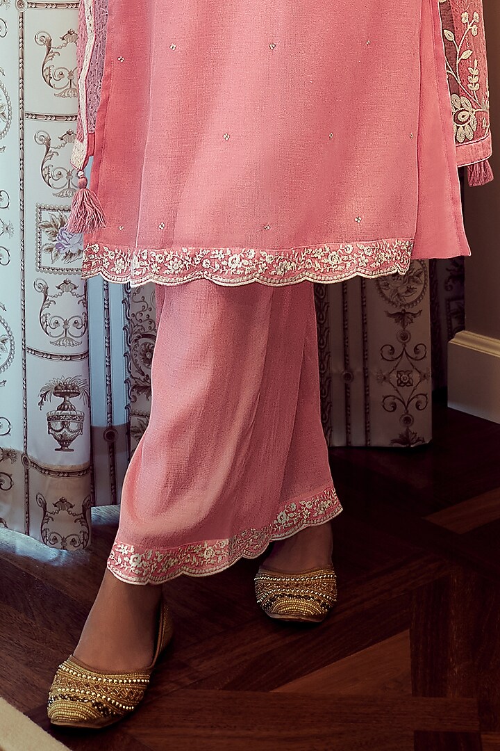 Flamingo Pink Viscose Tissue Thread Embroidered Kurta Set by Label Varsha at Pernia's Pop Up Shop