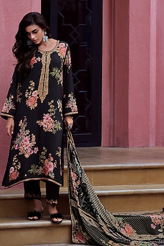 Black Viscose Pashmina Floral Embroidered Kurta Set by Label Varsha