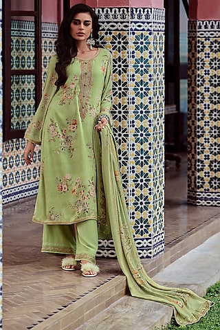 Pistachio Green Viscose Pashmina Floral Embroidered Kurta Set by Label Varsha