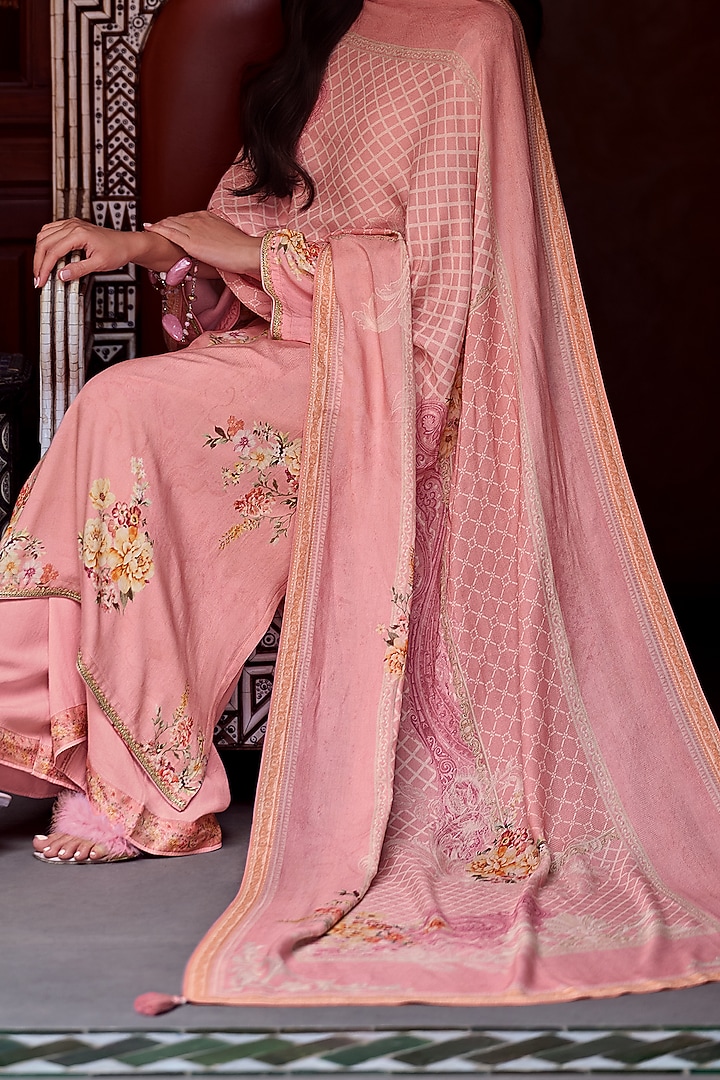Salmon Pink Viscose Pashmina Floral Embroidered Kurta Set by Label Varsha at Pernia's Pop Up Shop