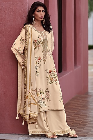 Dessert Ivory Viscose Pashmina Floral Embroidered Kurta Set by Label Varsha