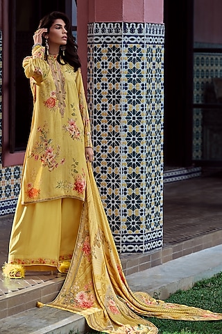 Yellow Viscose Pashmina Floral Embroidered Kurta Set by Label Varsha