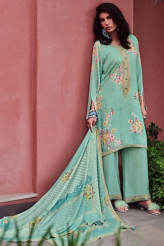 Seafoam Green Viscose Pashmina Floral Embroidered Kurta Set by Label Varsha