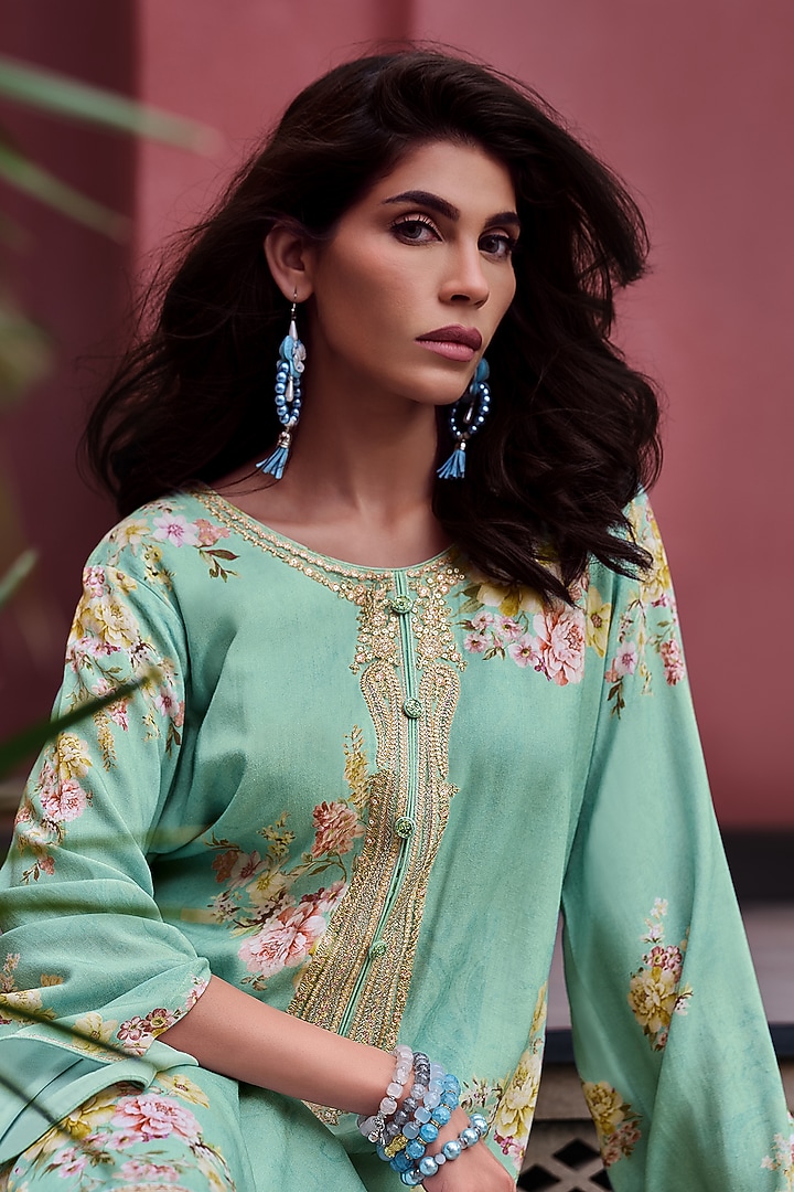 Seafoam Green Viscose Pashmina Floral Embroidered Kurta Set by Label Varsha at Pernia's Pop Up Shop