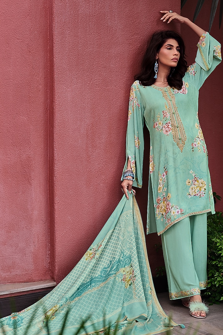 Seafoam Green Viscose Pashmina Floral Embroidered Kurta Set by Label Varsha at Pernia's Pop Up Shop