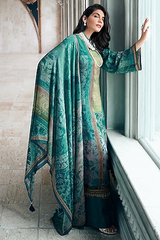 Teal Viscose Muslin Printed & Lace Embroidered Kurta Set by Label Varsha
