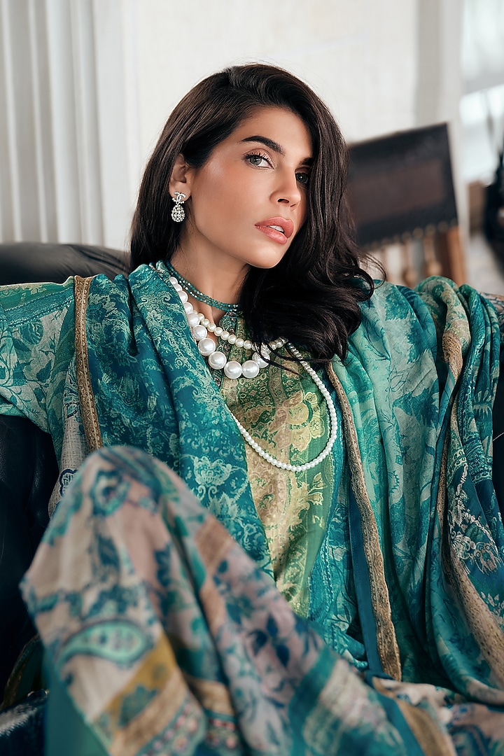 Teal Viscose Muslin Printed & Lace Embroidered Kurta Set by Label Varsha at Pernia's Pop Up Shop