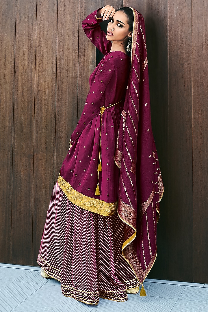 Plum Viscose Muslin Digital Leheriya Printed Sharara Set by Label Varsha at Pernia's Pop Up Shop