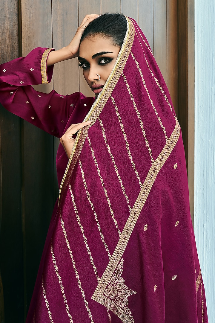 Plum Viscose Muslin Digital Leheriya Printed Sharara Set by Label Varsha at Pernia's Pop Up Shop