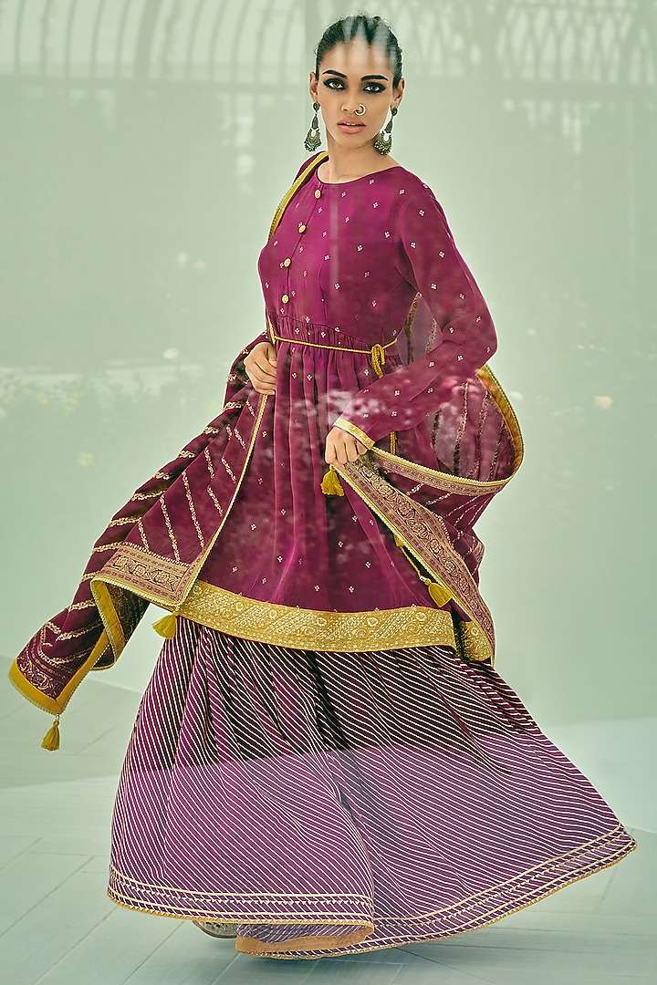 Plum Viscose Muslin Digital Leheriya Printed Sharara Set by Label Varsha at Pernia's Pop Up Shop