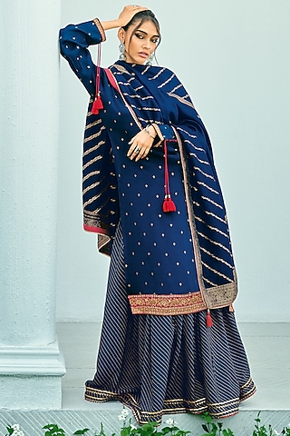 Navy Blue Viscose Muslin Digital Leheriya Printed Sharara Set by Label Varsha