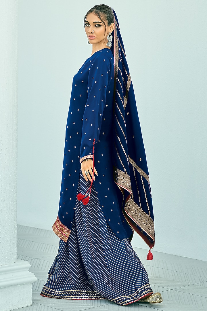Navy Blue Viscose Muslin Digital Leheriya Printed Sharara Set by Label Varsha at Pernia's Pop Up Shop
