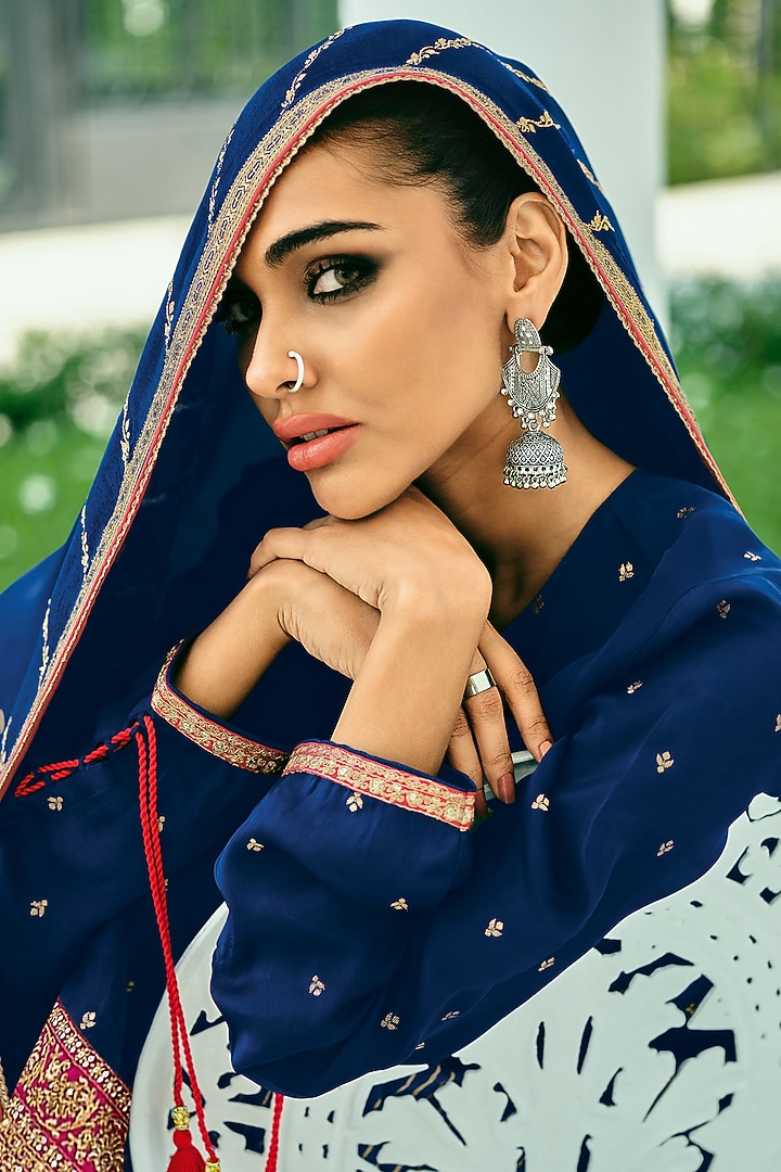 Navy Blue Viscose Muslin Digital Leheriya Printed Sharara Set by Label Varsha at Pernia's Pop Up Shop