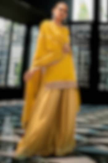 Amber Yellow Viscose Muslin Digital Leheriya Printed Sharara Set by Label Varsha