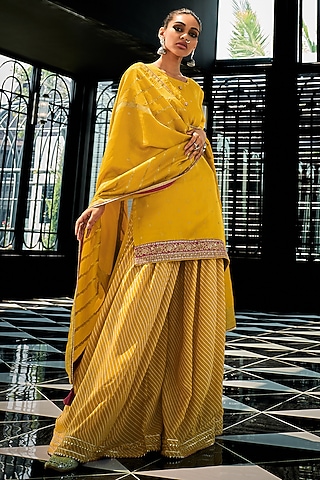 Amber Yellow Viscose Muslin Digital Leheriya Printed Sharara Set by Label Varsha