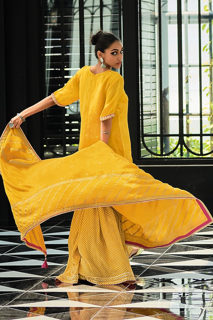 Amber Yellow Viscose Muslin Digital Leheriya Printed Sharara Set by Label Varsha at Pernia's Pop Up Shop
