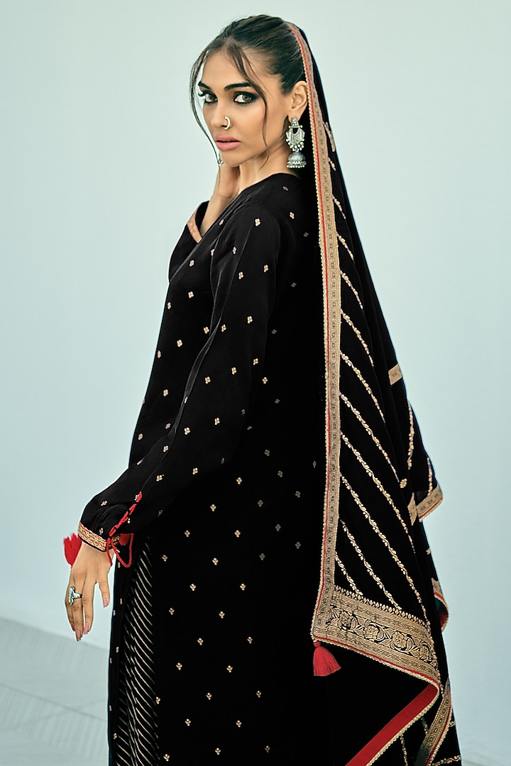 Black Viscose Muslin Digital Leheriya Printed Sharara Set by Label Varsha at Pernia's Pop Up Shop